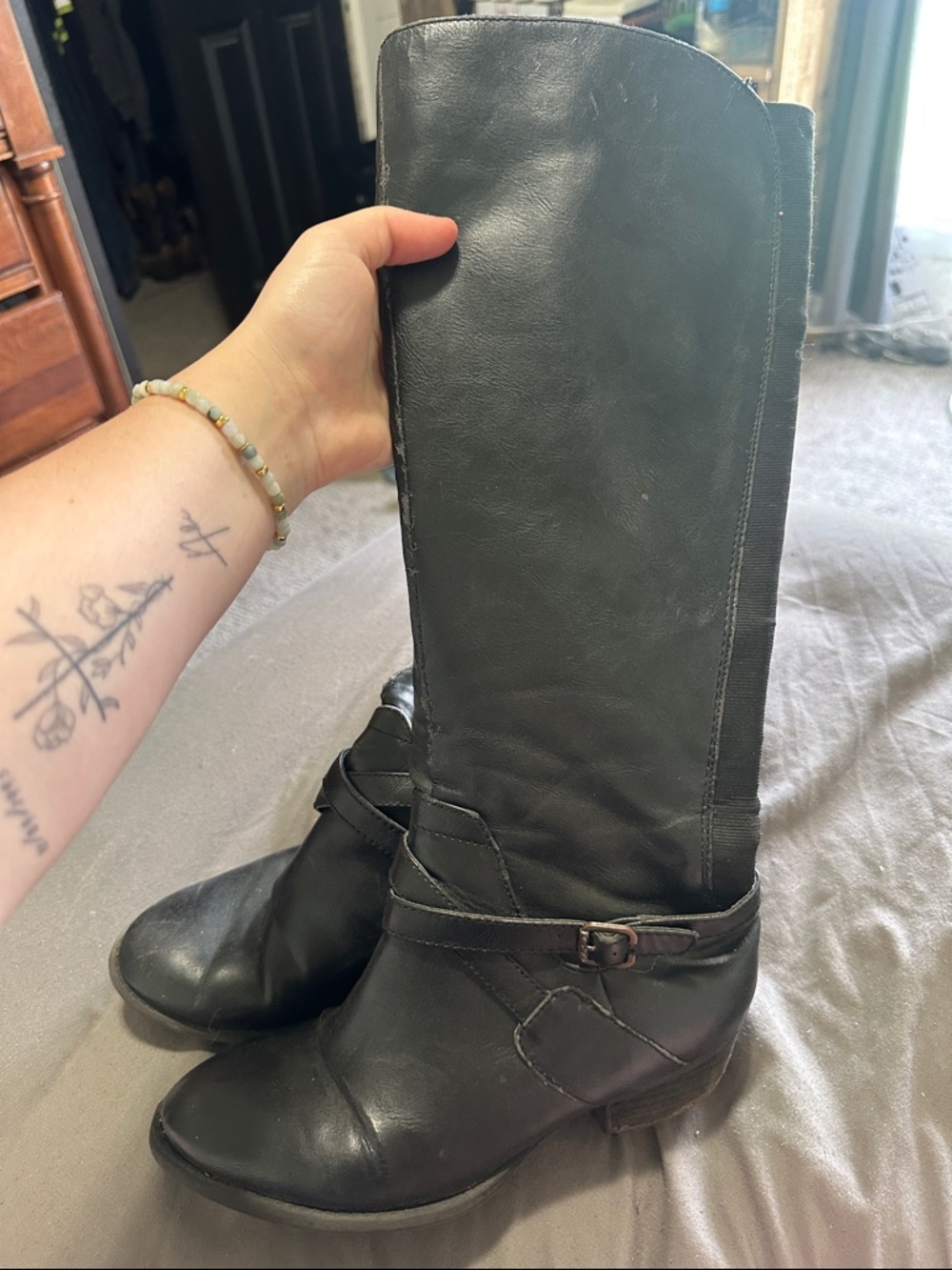 Women's Black Mid-Calf Leather Heeled Boots with Buckle Detail